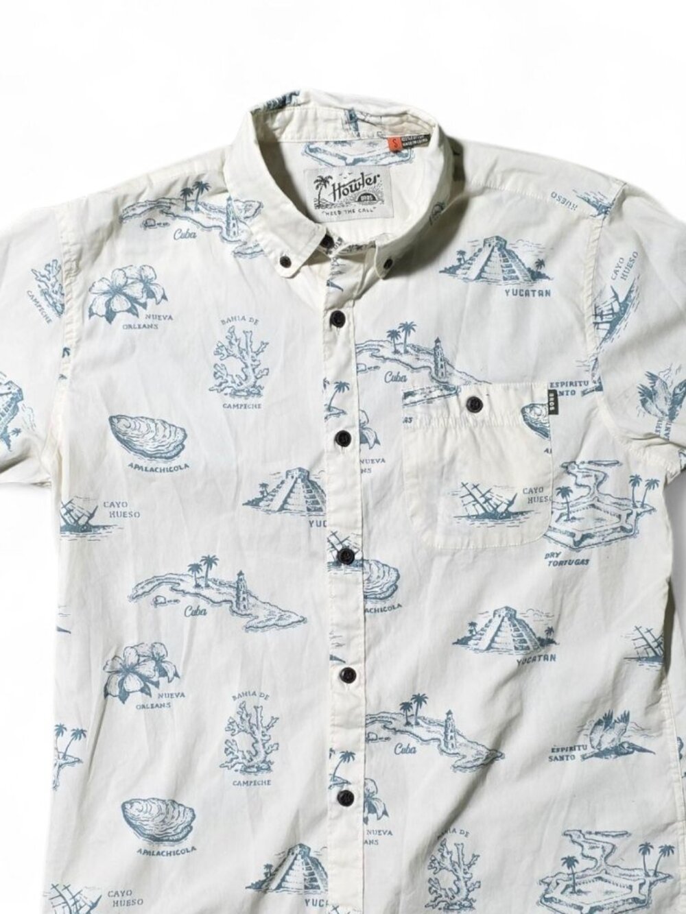 Howler Bros Mens S Button Down Shirt Map Print Cuba Yucatán Coastal Islands